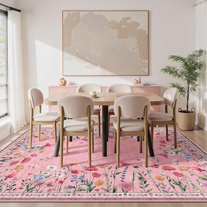 5x7 Area Rugs, Rugs for Bedroom, Indoor Non-Slip Washable Rug for Living Room, Dining Room, Low Pile Home Decor Floral Rug(Pink)