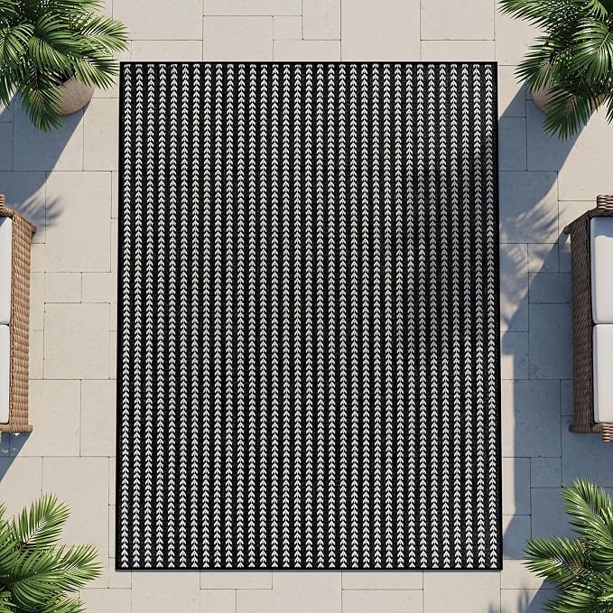 Washable Outdoor Rug 5x7 Modern Area Rugs Outdoor Carpets Striped Pattern Non Shedding Waterproof Easy Clean Patio Deck Porch Living Room Bedroom Garden RV (5 X 7 Black)
