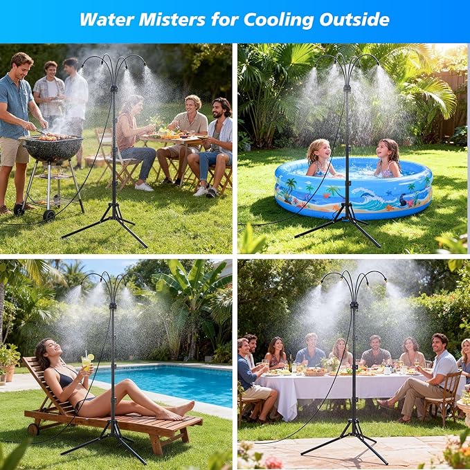 Standing Misters for Outside Patio - Adjustable Height Stand Misting system for Cooling Outdoor, 26.5FT Portable Water Mister for Garden Backyard BBQ Party Tanning Pool Beach Cooling & Water Playing