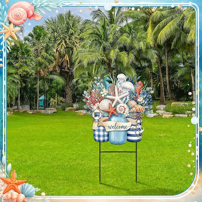 Amyhill Summer Outdoor Decor Coastal Garden Stake 25 Inch Metal Ocean Welcome Yard Sign with Seashell Starfish, Outdoor Nautical Decor for Patio Lawn Walkway Beach Themed Decorations
