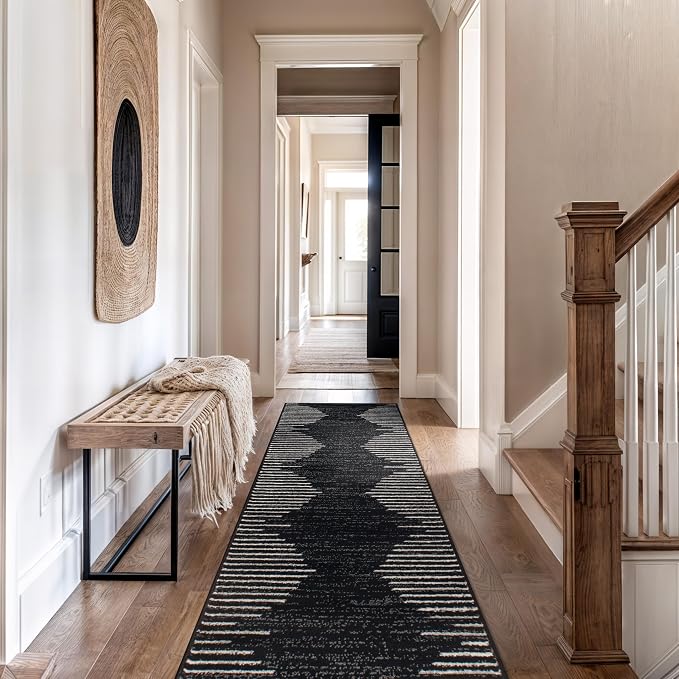 Rugshop Bohemian Stripe Stain Resistant Runner Rug Black 2' x 7' | High Traffic, Rectangular, Size 2' x 7', Living Room, Bedroom, Dining Room, Home Office, Kitchen, Entryway, Hallway, Nursery