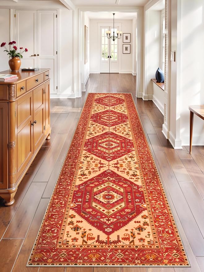 SERISSA 2'6"x12' Washable Non Slip Boho Runner Rug for Hallway，Red | Ultra Soft Vintage Oriental Carpet Low-Pile Tribal Floor Carpet for Kitchen Bedroom Entryway Bathroom Laundry Room