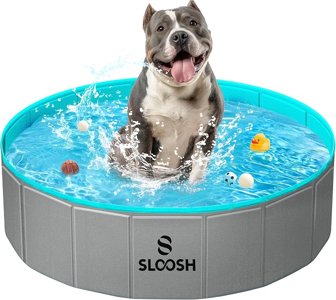 Sloosh Foldable Dog Kiddie Pool - Portable Hard Plastic Doggie Swimming Pool, Anti-Slip Collapsible Pets Bath Tub Suitable for Kids Toddler Indoor Outdoor Backyard Use (Gray, 32" x 8")