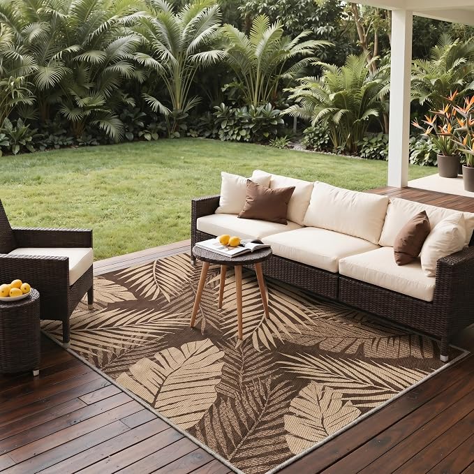 GENIMO Outdoor & Indoor Area Rug 2'x5', Waterproof, Non-Shedding, Easy Cleaning, Leaf Mat for Patio, Living Room, Balcony, Dining Room, RV, Deck, Bedroom, Camping, Outside Carpet, Coffee Beige