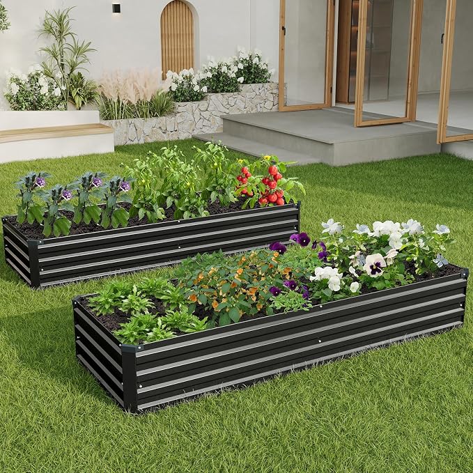 2PCS 8x2x1ft Galvanized Raised Garden Kit,Metal Planter Box,Black | Outdoor Elevated Metal Planter Box For Vegetables, Flowers & Herbs. Rustproof Galvanized Steel, Open Drainage, Easy Assembly