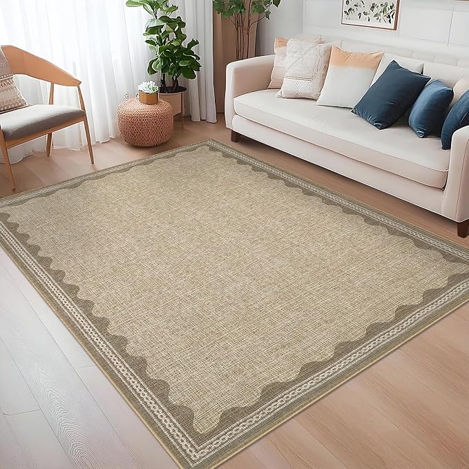 5x7 Scalloped Area Rugs Jute Washable Living Room Bedroom Rug | Solid Tan Rug for Bedroom Girls, Non Slip Throw Carpet With Rubber Back, Soft Dorm Nursery Scalloped Rugs for Dining Room
