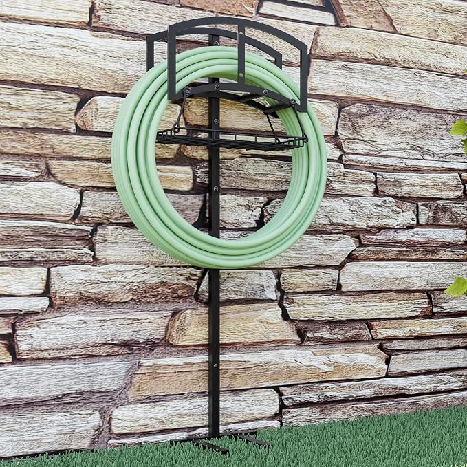 Garden Hose Holder with Storage Basket - Heavy-Duty Freestanding Hose Organizer, Black Powder-Coated, Detachable Design Holds 150FT Hose, Includes Assembly Tools for Lawn, Yard, and Garden