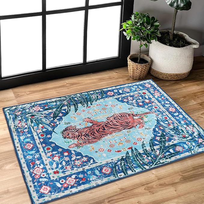 2x3 FT Leopard Rug for Living Room Vintage Animal Rug Aesthetic Rugs for Girls Room Nursery Bedroom Home Office Dorm Thin Bright Blue Carpet (Blue, 2X3 FT)