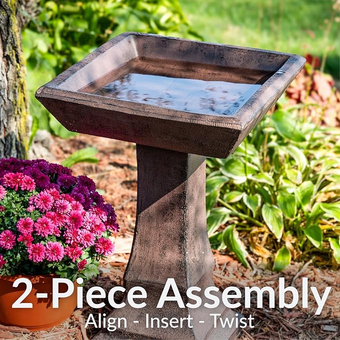 Sunnydaze 23” H Concrete Bird Bath for Outdoors - Simply Square Garden Bird Bath with Glass Fiber Reinforced Concrete Construction - Brown