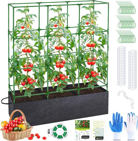 66x17x49 Inch Garden Tomato Cages with 46 Gallon Grow Bags, Square Plant Support Trellis Assembled with Planter Bags, Garden Cucumber Vegetables Frames for Vertical Climbing Plants