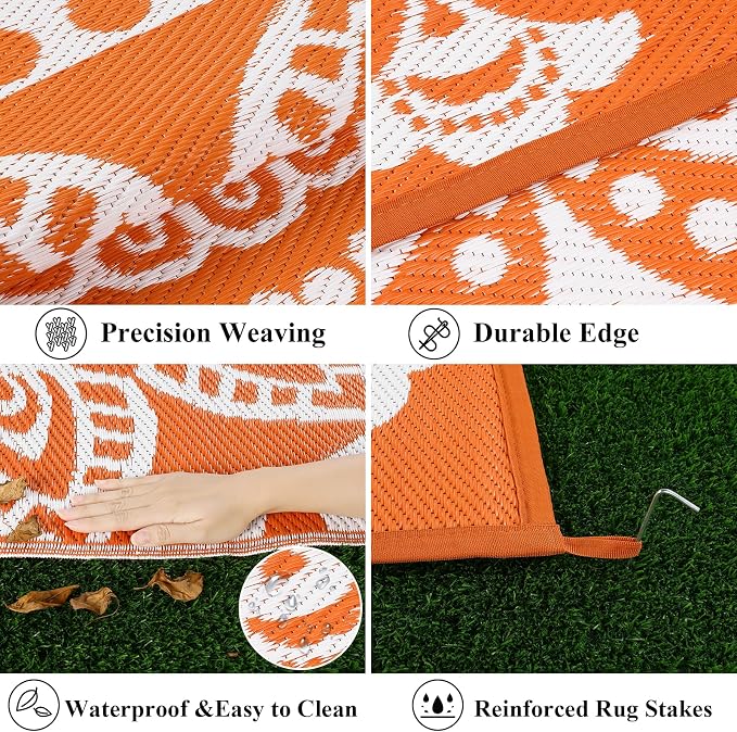 Bsmathom Waterproof Outdoor Rug 6'x9' Reversible Boho Plastic Straw Patio Deck Camping Rugs, Indoor Outdoor Portable RV Mat Clearance Carpet for Outside, Porch, Balcony, Backyard, Beach, Pool,Orange