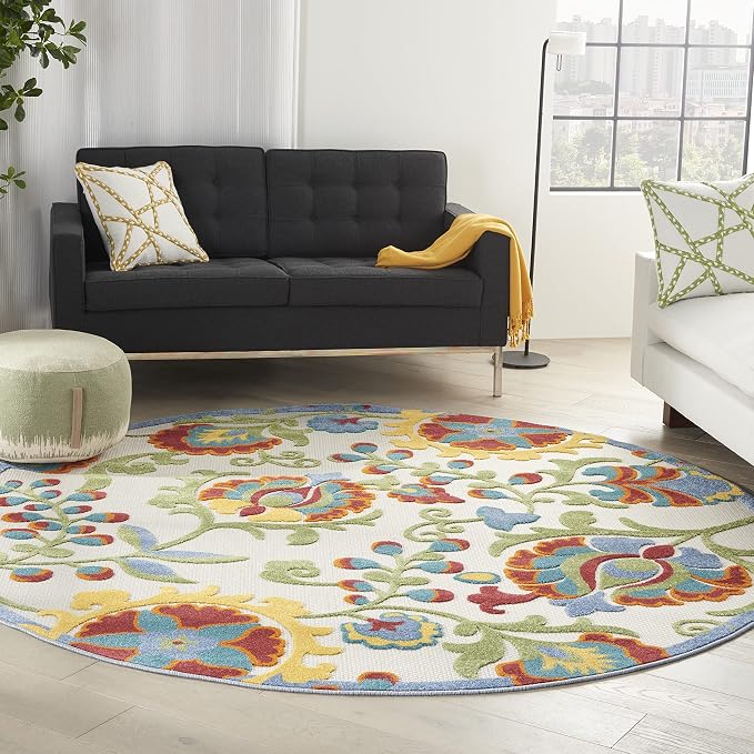 Nourison Home Aloha Ivory Multicolor 7'10" x Round Area Rug - Easy Clean, Non Shedding, Bed Room, Living Room, Dining Room, Kitchen (8' x Round)