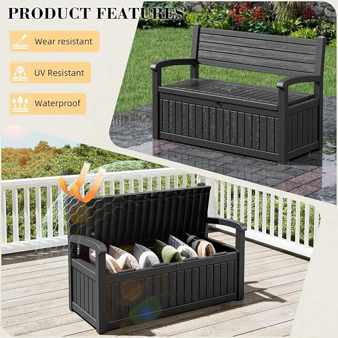 80 Gallon Outdoor Storage Box Waterproof, Storage Outdoor Porch Bench Doubles as 2-Person Bench Seat, Resin Stripes Deck Box for Cushions, Garden Tools and Pool Supplies Black