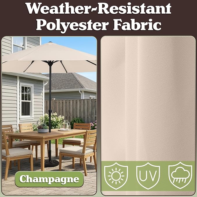 9FT Round Patio Umbrella with 19lb Weighted Base - Easy Crank, Vented Canopy Outdoor Umbrella for Shade - For Deck, Balcony, Porch, Backyard, or Pool by Pure Garden (Champagne)