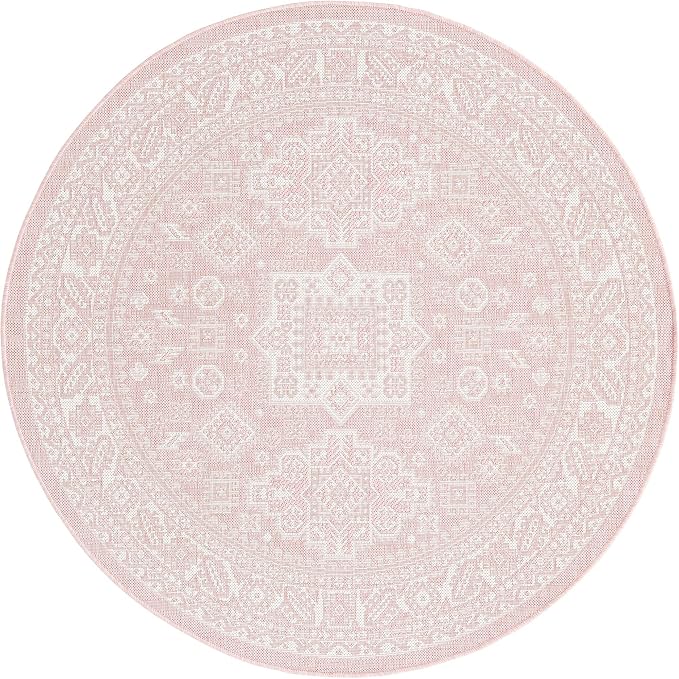 Unique Loom Outdoor Aztec Collection Area Rug - Chalca (5' 3" Round, Pink/ Ivory)
