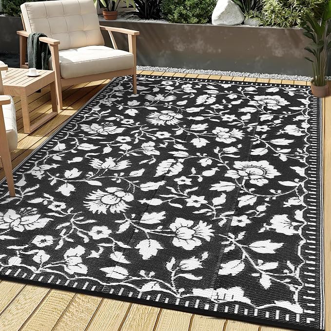 Garvee 5x8 Outdoor Rug Waterproof Vintage Floral Plastic Straw Rugs, Camping Rugs for Outside Your RV, Foldable Lightweight Reversible Carpet with Portable Bag for Patio Backyard Beach Camper, Black