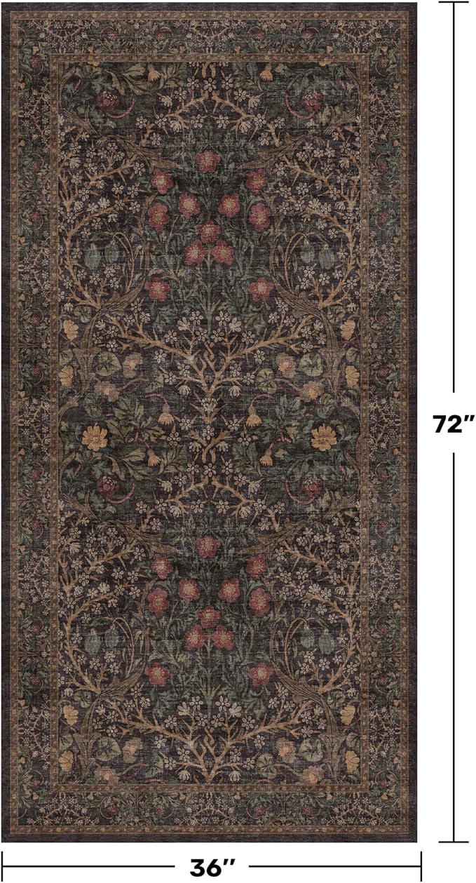 Washable 3x6 Runner Rug for Entryway, Dark Brown Boho Large Kitchen Rug, Home Office Floor Rug, Non-Slip Stain & Fade Resistant, Vintage Dark Taupe Floral Entryway Décor