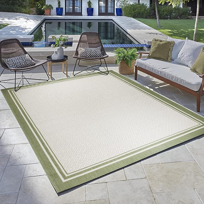 Gertmenian Indoor/Outdoor Flatweave Area Rug - 5x7 Standard, Stain & UV Resistant, Ideal for Deck, Patio, Poolside, Mudroom - Border Brown Tan, 22910