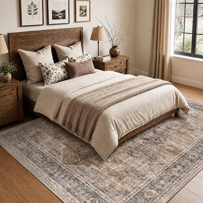 8x10 Area Rug for Living Room Large Washable Vintage Area Rug | Non-Slip, Retro Print, Low Pile, Stain Resistant Carpet, Soft Washable Brown Area Rug, for Bedroom, Dining Room, Home Office