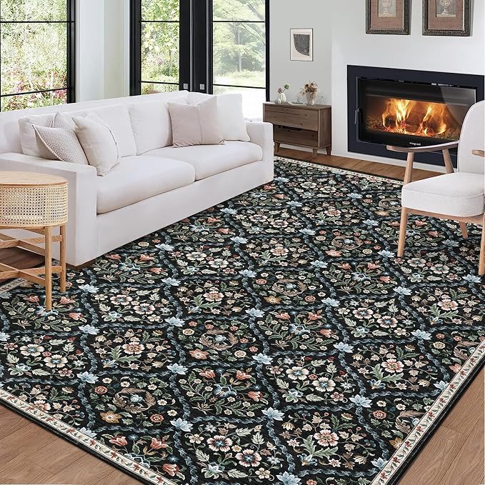 ROYHOME Machine Washable Rug Trellis Distressed Area Rugs 4' x 6' | Stain Resistant Non-Slip Carpet Vintage Floral Accent Rug Farmhouse Floor Cover for Dining Room Bedroom, Black