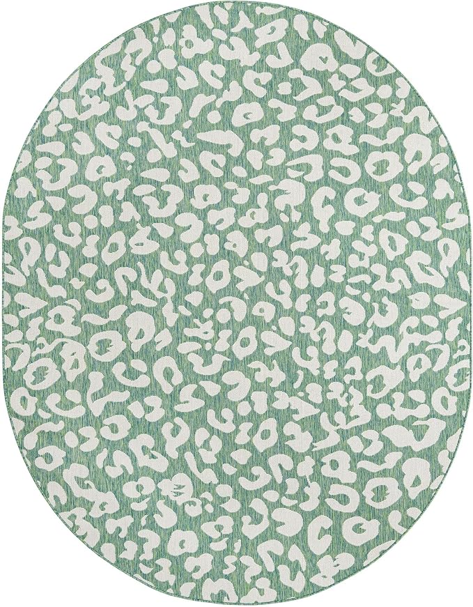 Unique Loom Outdoor Safari Collection Area Rug - Leopard (7' 10" x 10' Oval Green Blue/Ivory)