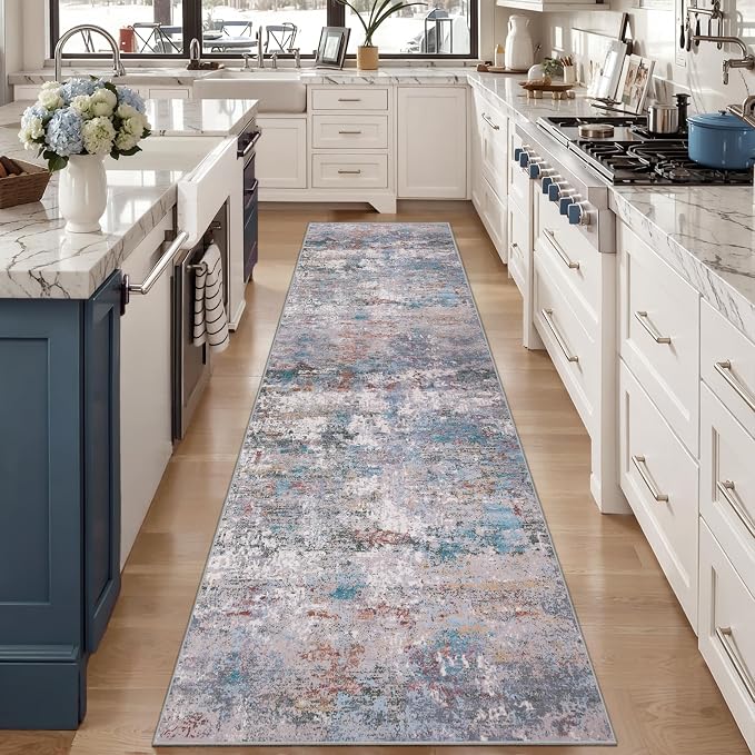 Tangsoo Abstract 3x8 Hallway Washable Runner Rug, Modern Non Slip Runner | Soft Low Pile Long Runner Rugs, Contemporary Carpet Runners for Hallway Kitchen Bedroom Entryway Living Room Blue Grey Decor