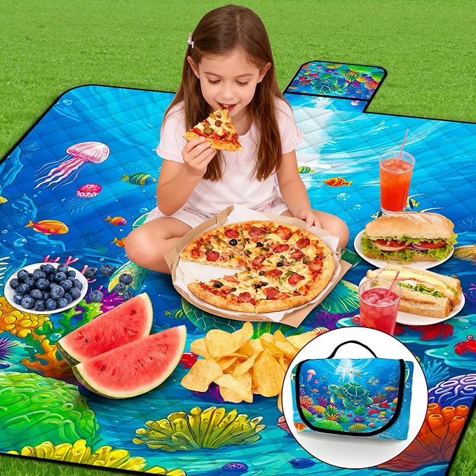 Poedist Extra Large Picnic Blanket Waterproof,80"x 80"Foldable Machine Washable Beach Blanket,Outdoor Blanket for 6-8 Adults, for Indoor Crawling,Park Beach,Camping,Hiking,Family Travel(Sea Turtle)