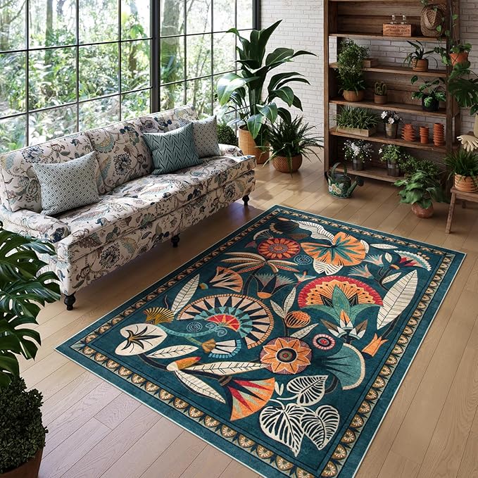 Zealude Boho Egypt Green Area Rugs for Living Room Bedroom, 5x7 Washable Large Dining Room Rug Non Slip, Floral Vintage Farmhouse Throw Carpet for Office Hardwood Floor Playroom (Dark Green,5 x 7)
