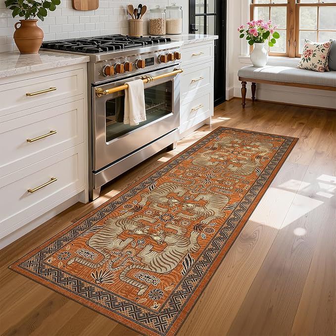 GarveeHome Tiger Print 2.5'x8' Washable Non Slip Runner Boho Hallway Rugs | Terracotta Kitchen Runner Ultra Thin Soft Vintage Tribal Indoor Throw Floor Carpet for Laundry Entryway Bedroom Bathroom
