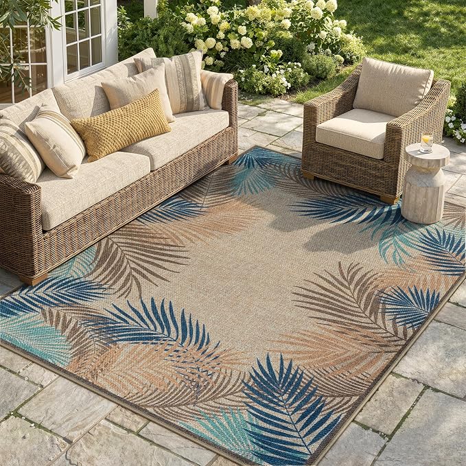 LIVEBOX Modern Easy Jute 5x7 Outdoor Rug, Washable Area Rugs for Living Room Patio Tropical Leaf Indoor Outdoor Rug, Boho Farmhouse Non Slip Carpet for Backyard Foyer Dining Room(Olive, 5'x7')