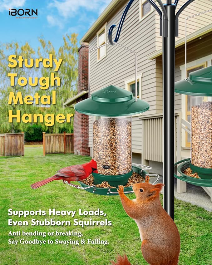 iBorn Bird Feeder Metal Squirrel Chew-Proof Bird Feeders for Outdoors Hanging for Cardinal Outside, Holds 1.32LB Seed with 3 Perchs, Green (Seed is not Included)