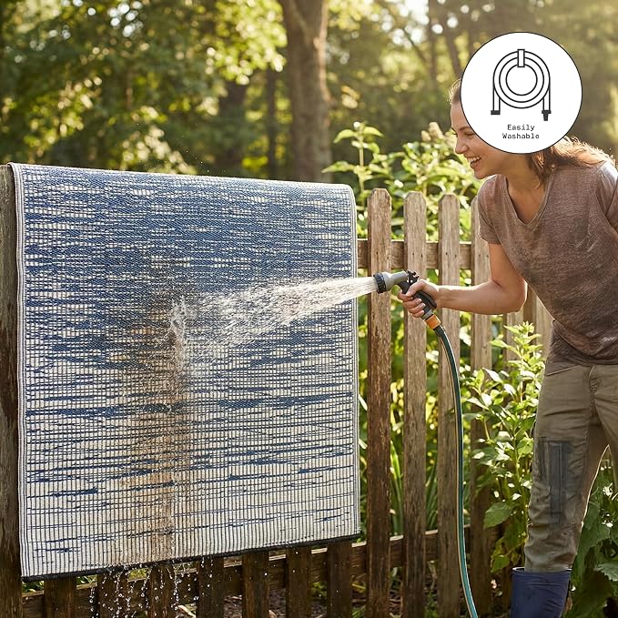 Fab Habitat Outdoor Rug - Waterproof, Fade Resistant, Crease-Free - Premium Recycled Plastic - Distressed Abstract Stripes - Large Patio, Deck, Sunroom, Camping, RV - Brooklyn - Blue - 6 x 9 ft