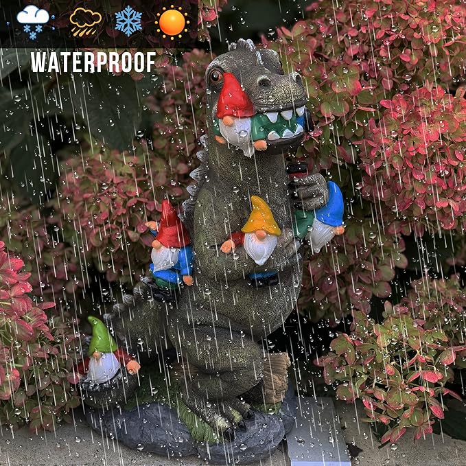 Malister 14 Inch Dinosaur Gnomes Garden Statues for Fall Winter Garden Decor, Gnomes Statues Outdoor Decor, Outdoor Statues for Patio, Lawn, Yard Decorations Outdoor, Dino Housewarming Garden Gifts