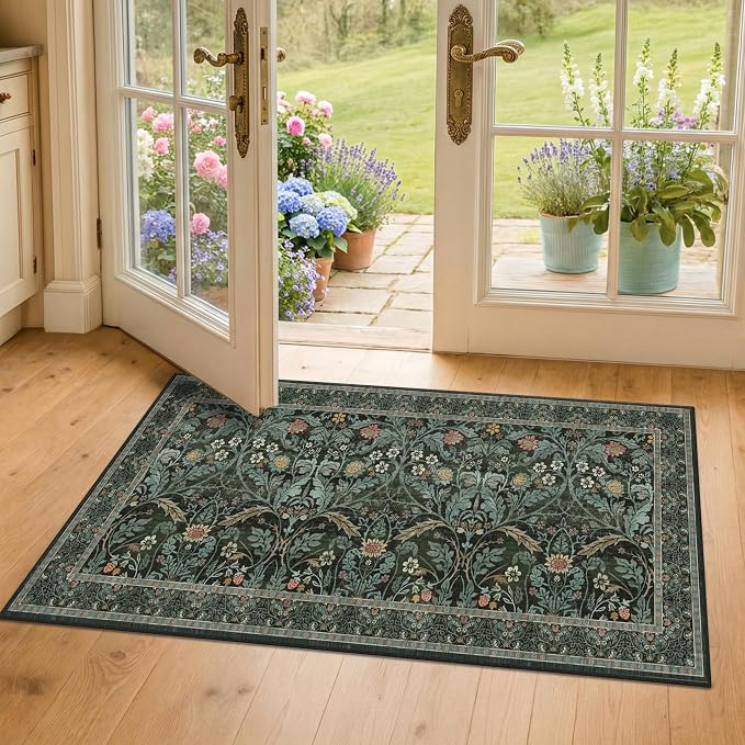 Floral Rug for Entryway Indoor 2x4, Small Soft Washable Carpet for Bedroom Beside Bed, Non Slip Kitchen Area Rugs, Mudroom Decor, Low Pile & Waterproof (Dark Green)