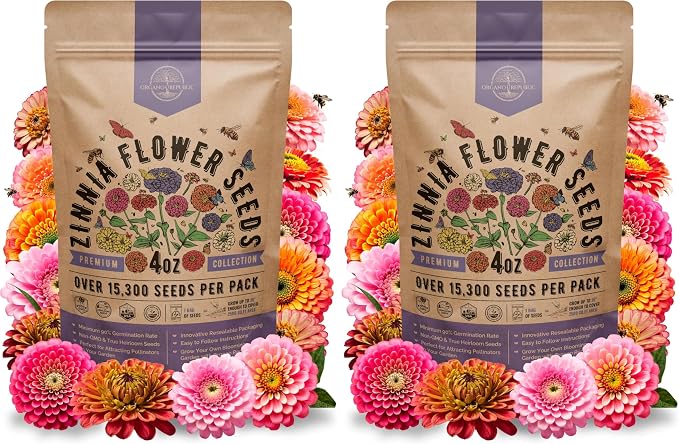 Zinnia Seeds Pack 4 oz - Over 15,300 Non-GMO Heirloom Zinnia Seeds for Planting, Annual Flowers in Individual Seed Packet for Planting Home Garden Indoor & Outdoor Gardening (Pack of 2)
