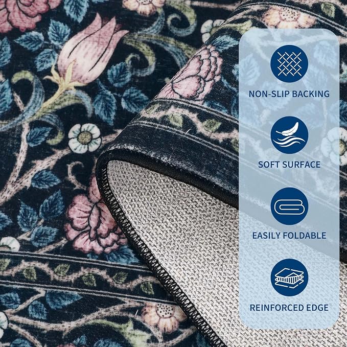 GarveeHome Blue Floral 2x6 Kitchen Runner Rug for Hallways | Washable Entryway Bedroom Bathroom Dorm Rug Vintage Boho Rugs Low-Pile Non-Slip Stain Resistant TPE Backing