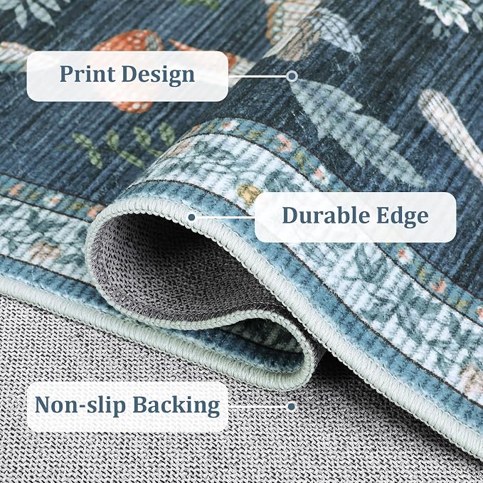 2.5x8 Runner Rug for Hallway Washable Kitchen Rugs Non Slip with Rubber Back Mushroom Soft Low-Pile Stain Resistant Foldable Indoor Carpet for Entryway Laundry Room Floor Mats Blue
