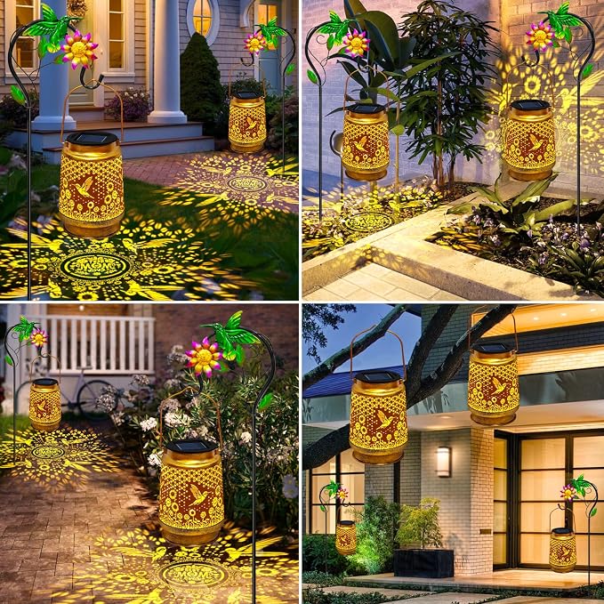 2 Packs Solar Lanterns Outdoor Waterproof with Shepherd Hook,Hummingbird Hanging Solar Lights Garden Decor,Christmas Decorations Birthday Gifts for Women Mom,Metal Bird Decorative for Yard,Patio,Lawn