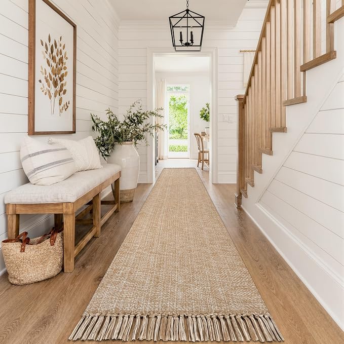Boho Runner Rug for Hallway, 2.6x16 ft Long Entry Hall Rugs | Tan Modern Farmhouse Kitchen Runner Rugs, Hand-Woven Washable Bathroom Mat Braided Bedside Carpet for Bedroom Laundry