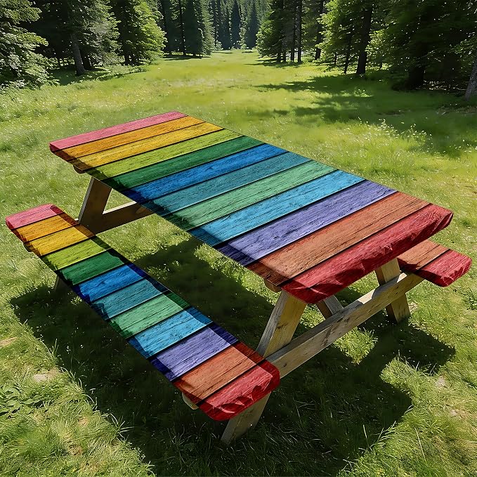 NYZE 3 Pieces Rainbow Stripeds Picnic Table Cover with Bench Covers Set, Elastic Edge Camping Tablecloth, Tablecloth Cover with Drawstring Bag, Camping Essentials for Outdoor Picnics, Patio, BBQ