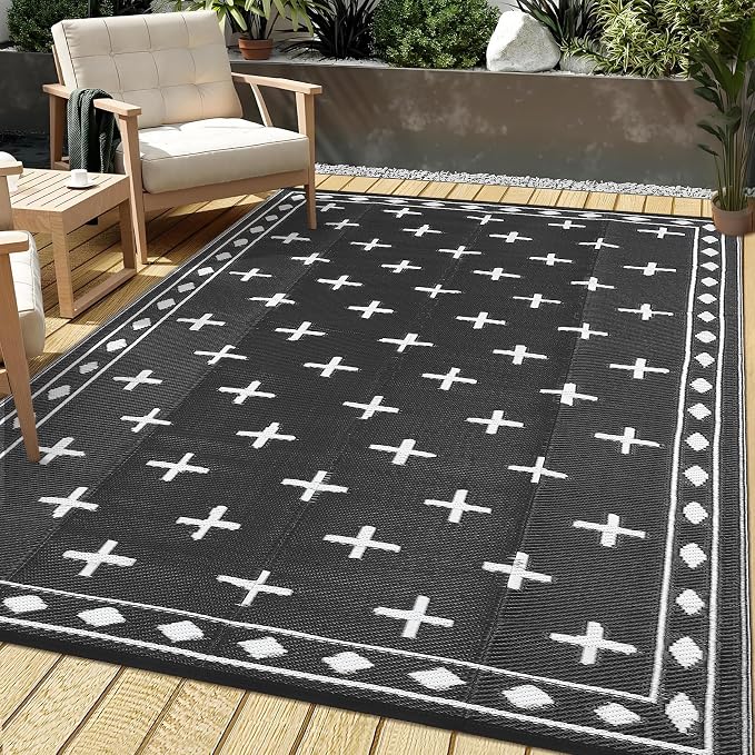 Waterproof Outdoor Rug 8x10, Modern Reversible Plastic Straw Patio Camping Rugs, Outdoor Indoor RV Mat Carpet for Patio, Outside Entry, Backyard, Deck, Bench, Picnic, Camper，Black/White