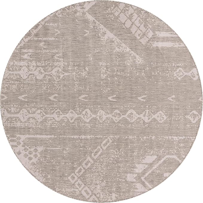Unique Loom Outdoor Bohemian Collection Area Rug - Anthro (7' 10" Round, Gray/ Ivory)