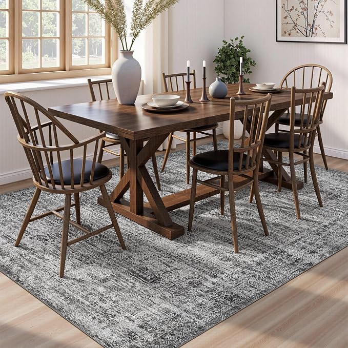 UERMEI 9x12 Area Rug Living Room Rugs - Washable Neutral Modern Abstract Soft Thin Rug Indoor Floor No Slip Rug Carpet for Bedroom Under Dining Table Home Office Decor - Dark Gray