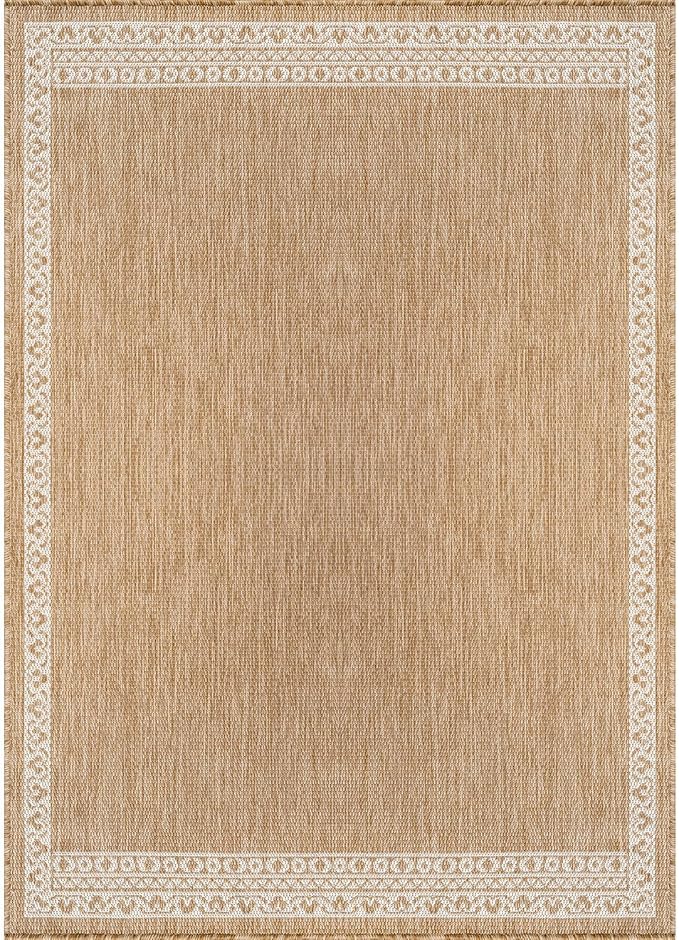 Washable Outdoor Rug 10x14 Modern Area Rugs Outdoor Carpets Bordered Pattern Non Shedding Waterproof Easy Clean Patio Deck Porch Living Room Bedroom Garden RV (10 X 14 Natural)