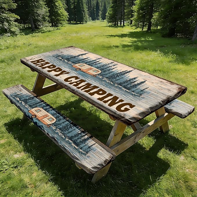 NYZE 3 Pieces Happy Camping Picnic Table Cover with Bench Covers Set, Elastic Edge Camping Tablecloth, Tablecloth Cover with Drawstring Bag, Camping Essentials for Outdoor RV Picnic Travel, Patio, BBQ