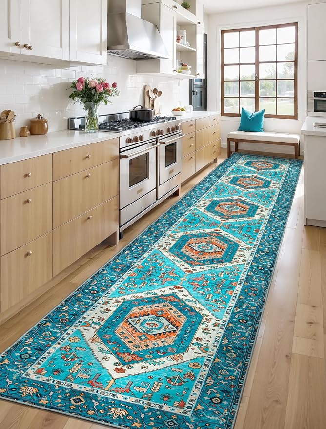 SERISSA 2'6"x14' Washable Non Slip Boho Runner Rug for Hallway，Blue | Ultra Soft Vintage Oriental Carpet Low-Pile Tribal Floor Carpet for Kitchen Bedroom Entryway Bathroom Laundry Room