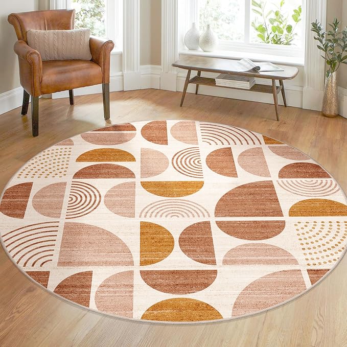 Round Rugs 5ft,Circle Area Rug Washable Non Slip Modern Abstract Boho | Circular Rugs for Bedroom Living Room Dining Room Throw Carpet Soft Low Pile Floor Indoor Bohemian Orange