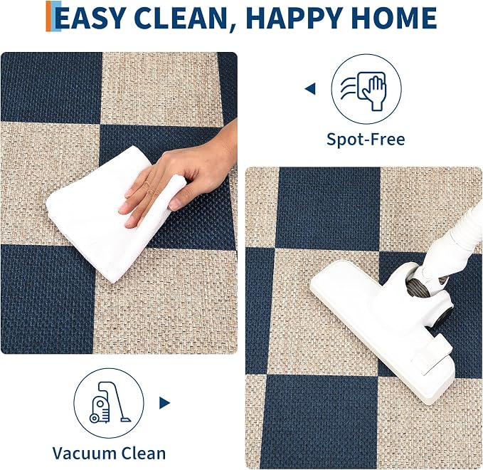 GarveeHome Checkered Easy Jute Runner Rug 2x6 Non-Slip Machine Washable Stain Resistant Indoor Outdoor Rugs for Living Room, Bedroom, Kitchen, Dining, Patio - Farmhouse Style Navy Blue