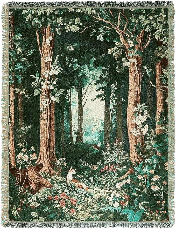 Moukeren 60 x 50 Inch Forest Woven Tapestry Blanket with Colorful Tassels Nature Tapestry, Woodland Cozy Throw for Couch Sofa Chair, Wall Hanging Home Decor Gift