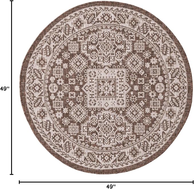 Unique Loom Outdoor Aztec Collection Area Rug - Chalca (4' 1" Round, Brown/ Ivory)